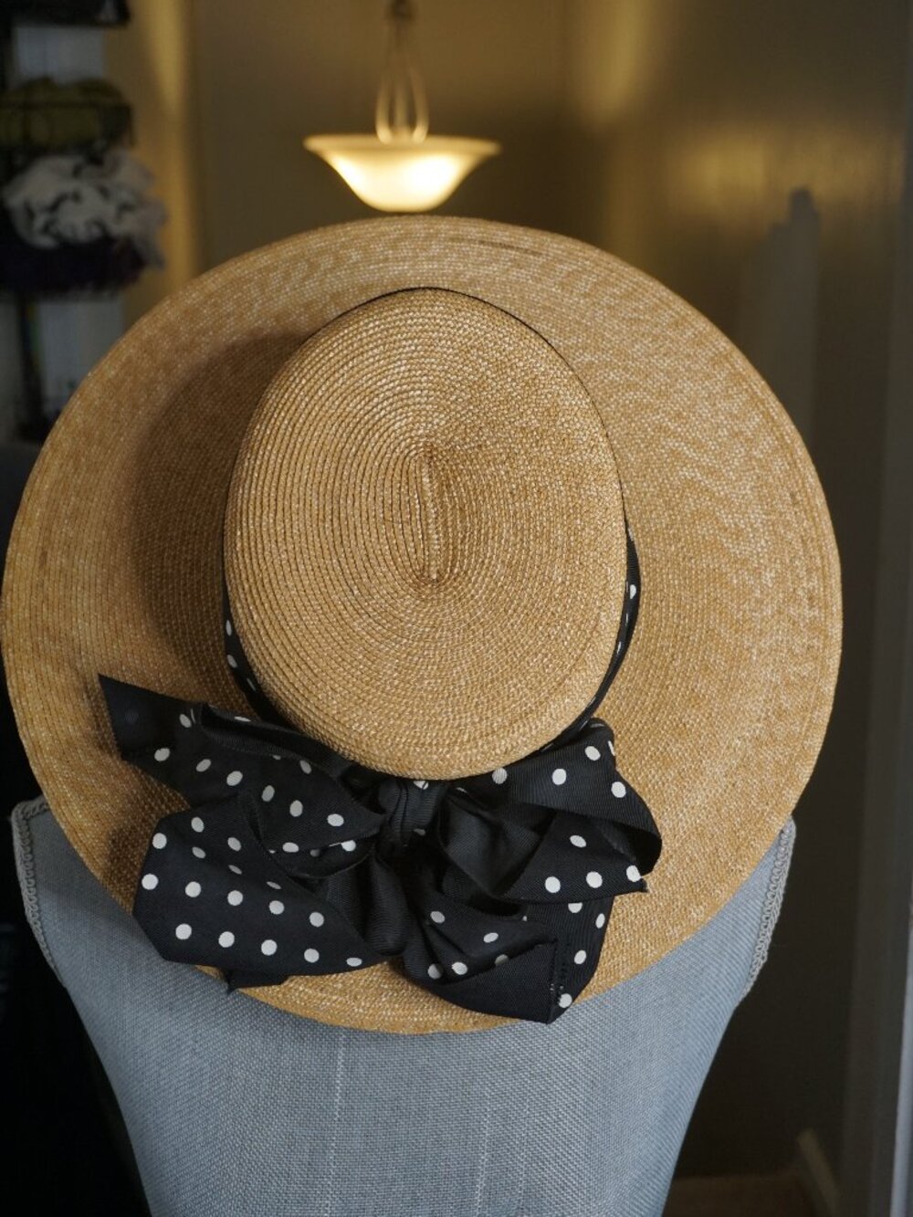 Wearable Vintage Frank Olive Neiman Marcus Straw Wide Brim Black Polka Dot Bow